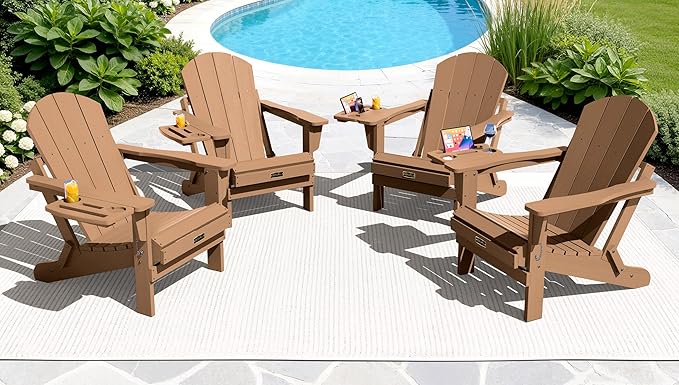 SERWALL Folding Adirondack Chair, Adirondack Chairs with 4 in 1 Multi-Functional Cup Holder, Wood-Like Patio Chair, Lawn Chairs, Weather Resistant HIPS Plastic Fire Pit Chair for Garden, Backyard