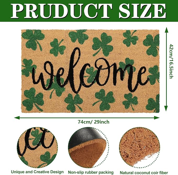 Whaline St. Patrick' s Day Doormat Natural Coir Welcome Floor Mat Green Shamrock Clover Rectangle Entrance Door Rug for Indoor Outdoor Home Bathroom Decor, 16.5 x 29 Inch
