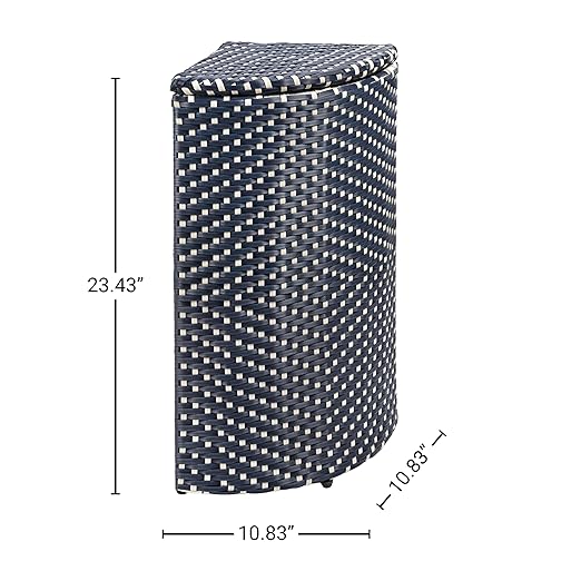 happimess HPM1200B Chloe 15.56-Gallon All-Weather Wicker/Metal Corner Hideaway Outdoor Trash Can, Navy/White, Classic, Coastal, Casual Wastebin for Backyard, Patio, Porch, Kitchen