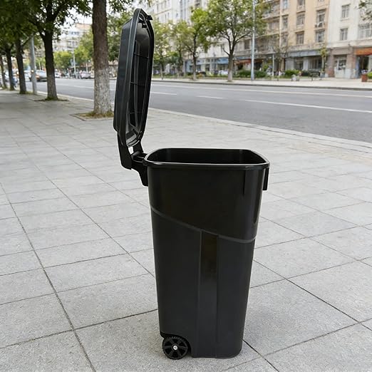 32-Gallon Plastic Trash Can with Attached Lid and Wheels, 120 Liter Outdoor Garbage Bin, Black