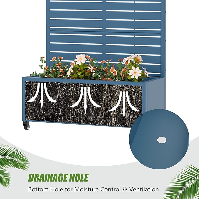 Casaphoria Metal Raised Garden Bed with Trellis and Wheels, 72"x35"x16" Planter Box for Climbing Plants, Vegetables & Vines, Features Drainage Holes and Privacy Screen, Blue-Louvered