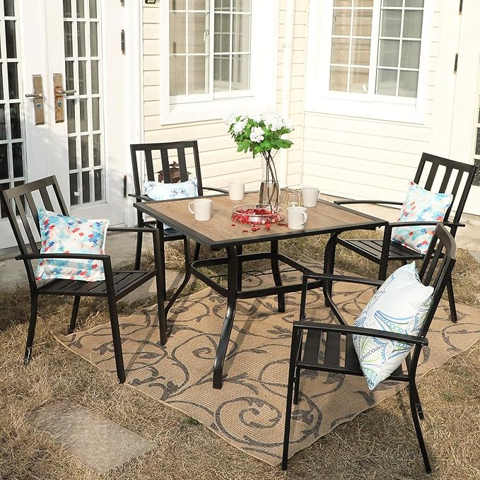 PHI VILLA Patio Dining Set Metal Outdoor Table and Chairs Furniture Set 5 Piece, 37" Square Bistro Table with Umbrella Hole and 4 Backyard Garden Chairs Support 300LBS for Deck, Lawn, Garden
