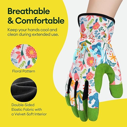 Gardening Gloves for Women, Breathable Leather Work Gloves, Thorn-Proof Gardening Gifts, Touchscreen Compatible, Protective Work for Digging, Planting, Pruning, Large Size, Green & White