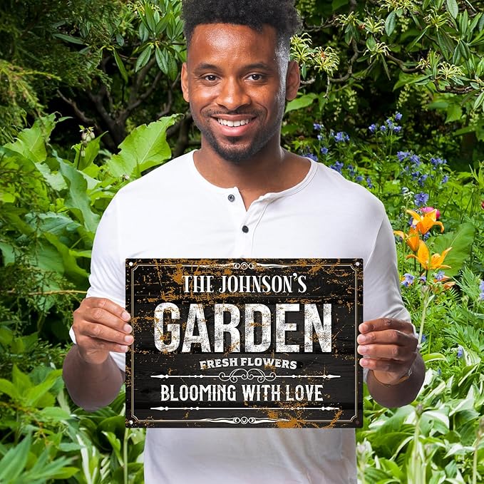 Custom Garden Blooming With Love Sign, Personalized Name For Backyard/Flower Garden Décor Sign, 10x14 Inches, Rust Free .040 Aluminum, Fade Resistant, Made in USA by Sigo Signs