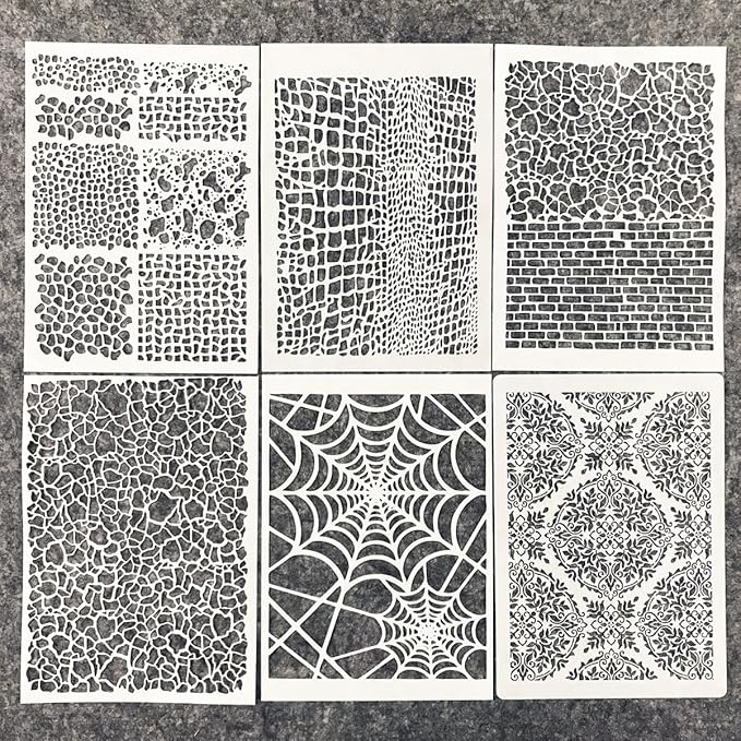 TIAMECH 6 Pcs A4 Reusable Graffiti Stencils for Painting - Mosaic Web Brick Texture Layering Templates, DIY Wall Art, Wood Furniture, Scrapbook & Crafts (8.3x11.7inch)