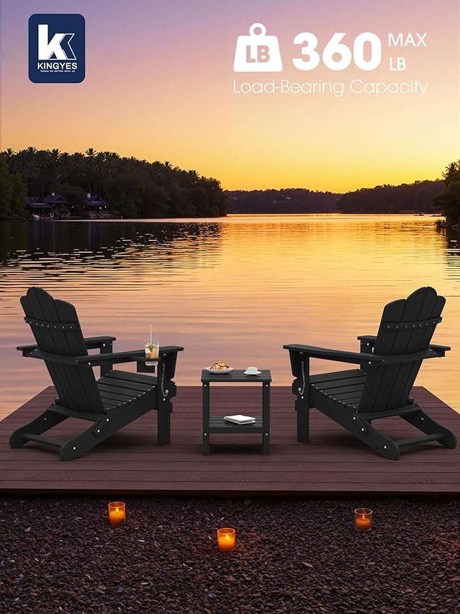KINGYES Folding Adirondack Chair, HDPE All-Weather Patio Chairs with Cup Holder, Wooden Textured Fire Pit Chairs for Poolside, Backyard, Deck, Black
