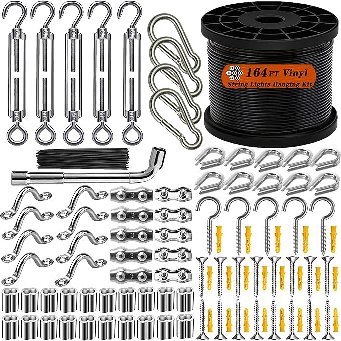 164FT Outdoor String Light Hanging Kit | Black Vinyl-Coated 304 Stainless Steel Wire Rope | Turnbuckles & Hooks | Rustproof Easy Install Set for Patio, Backyard, Garden