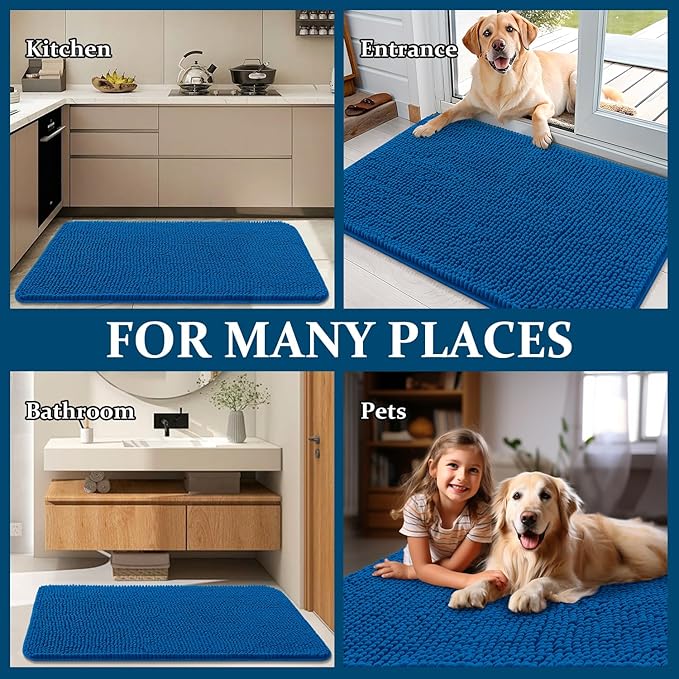OLANLY Dog Door Mat for Muddy Paws 48x30, Absorbs Moisture and Dirt, Absorbent Non-Slip Washable Doormat, Quick Dry Chenille Mud Mat, Entry Indoor Entryway Carpet for Inside Floor, Deep Navy Blue
