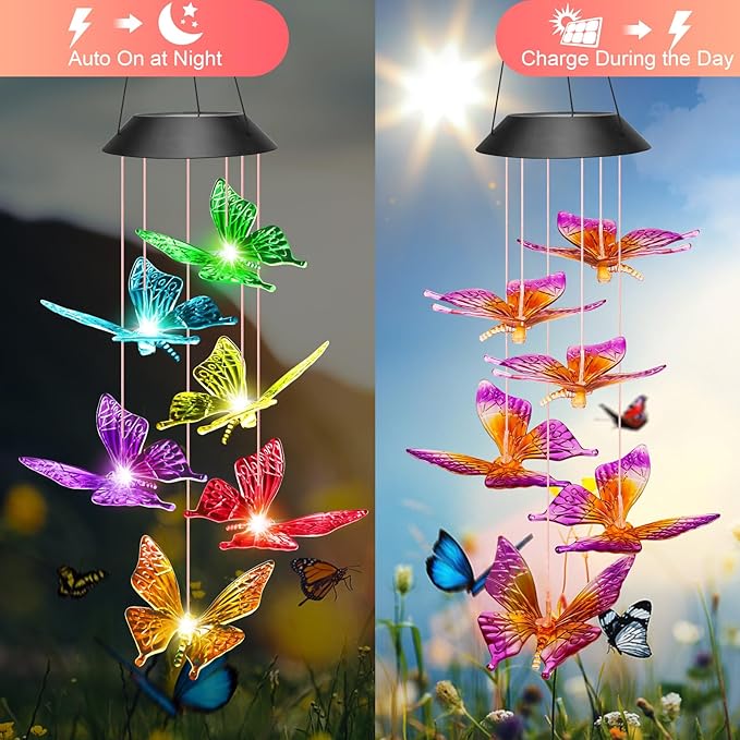 Valentines Day Gifts for Her Mom Grandma, Birthday Gardening Gifts for Women, Winzwon Solar Lights Outdoor Wind Chimes for Garden Yard Patio Porch Decor Hanging Butterfly Decorations