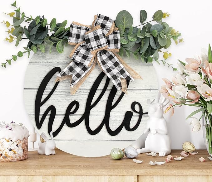 3D Hello Spring Wreaths for Front Door | White Horizontal Round Wreaths | Housewarming Gift | Farmhouse Wood Door Hanger for Home Decor Indoor and Outdoor, Classroom, Yard, Porch Decor