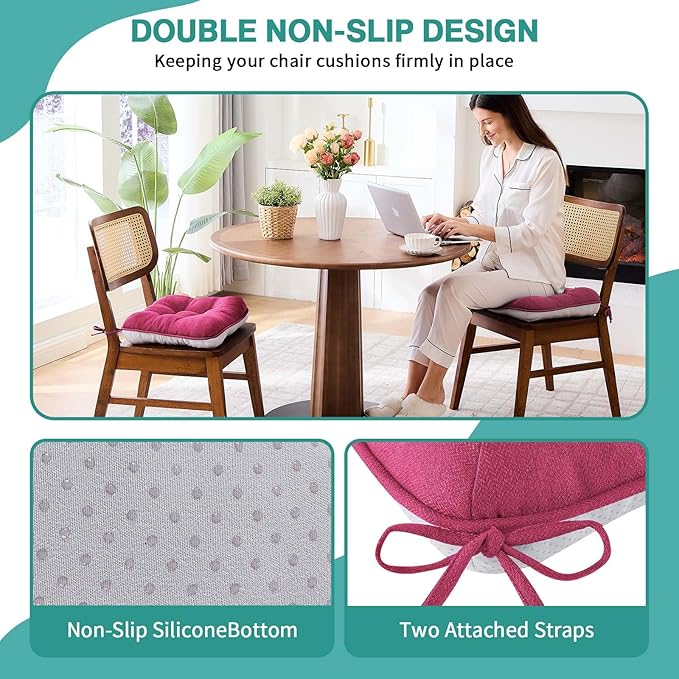 BETU Chair Cushions for Dining Chairs Set of 6,3.5" Thick Kitchen Table Chair Pads with Ties,Non Slip Backing and Covers, Seat Cushion for Dining Room,Bar,Patio Chairs,16"X16"X3.5",Hot Pink
