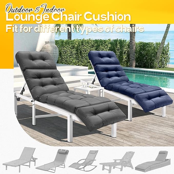 MAGIC ELEPHANT Chaise Lounge Cushion Outdoor, Memory Foam Patio Lounge Chair Cushion with Ties for Indoor Outdoor Furniture, Water-Repellent Replacement Long Chair Cushion (Grey)