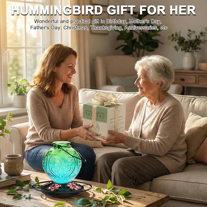 Glass Hummingbird Feeder for Outdoors Hanging, 25Oz Humming Bird Nectar Feeders with Perch & 5 Flower Feeding Ports, Leak Proof for Outside Garden Decor, Gifts for Women (Green & Blue)