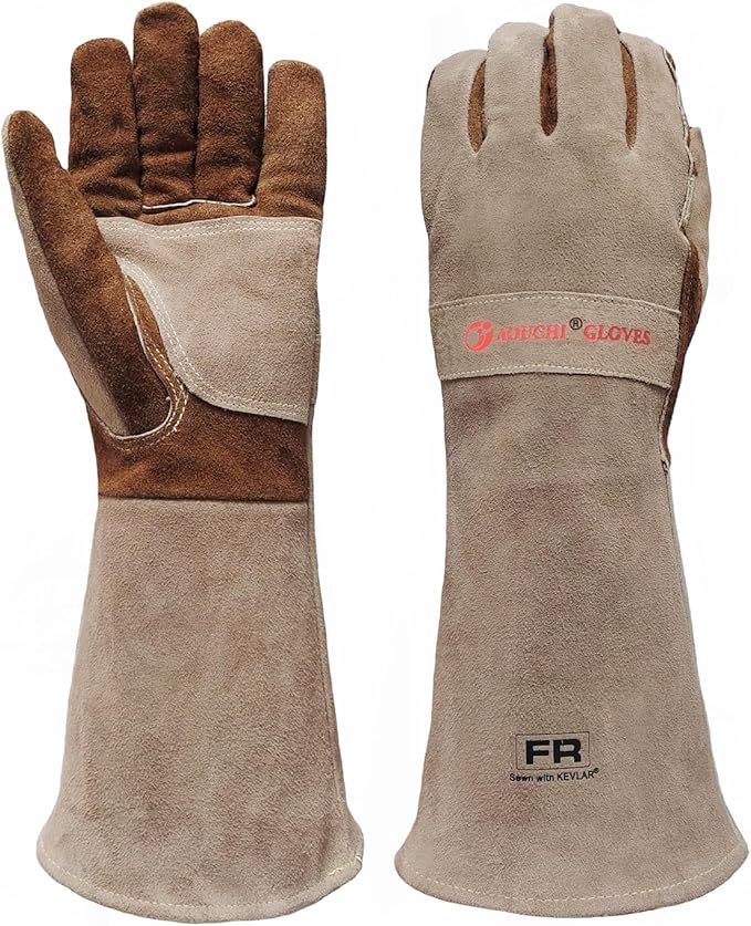 Leather Welding Gloves for Men and Women, BBQ Gloves Fireproof and Heat Resistant Mitts for Cooking, Firefighting, Fireplace, Oven, Baking, Stove, Pot Holder, Yark Work Thorn Proof