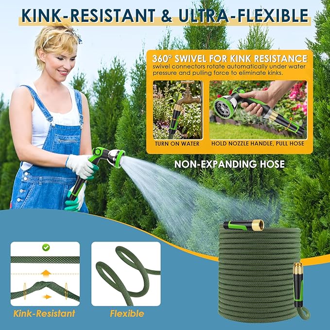 Non-Expandable Garden Hose 50 FT, Lightweight Hose with 10 Function Spray Nozzle, Kink-Free Flexible Water Hose, Durable, Leak-Proof, 360° Swivel Connectors, Portable Storage Strap