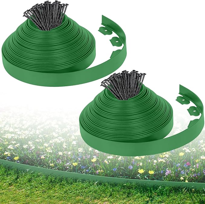2-Inch x 100 FT Landscape Edging Border with 150 Stakes, Plastic Edging for Landscaping Garden Edging Border, Flexible Landscaping Edging for Garden Flower Beds Yard Lawn Pathway Paver (Green)