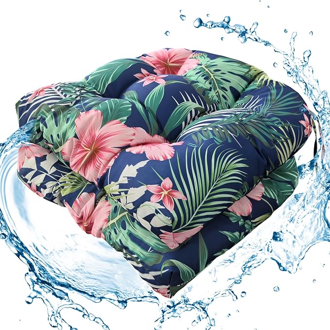 2 Pack Outdoor Chair Cushions, Tufted Waterproof Patio Furniture Cushions, Floral Chair Cushions for Garden Rocking Wicker Chairs, 19"x19"x3.9"