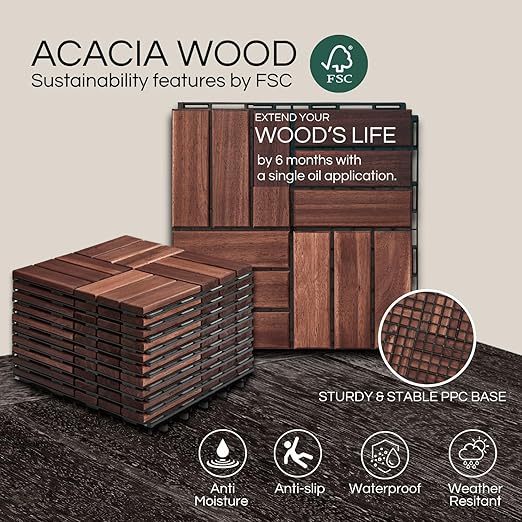 Deck Tiles, Patio Flooring - Outdoor Waterproof Acacia Wood Tiles for All Weather Use - Balcony, Backyard, Indoor & Outdoor (Dark Brown Crossed Pattern, 30 Pcs - 30 Square Ft)