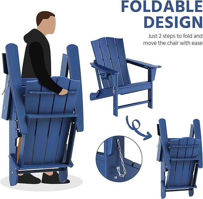 Yaheetech Folding Adirondack Chair Outdoor, HDPE Weather Resistant with Cup/Mobile Phone Holder for Deck, Patio, Pool, Backyard, 380lb Weight Capacity, Easy Assembly, Navy Blue