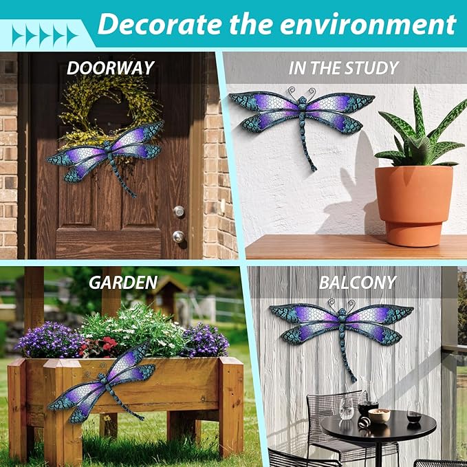 Metal Dragonfly Wall Decor, Handmade Mosaic Glass & Iron Art for Outdoor Garden, Patio, Fence, Vibrant Purple Wall Art Sculpture (15 Inch) - Bedroom, Living Room Decorative Ornaments