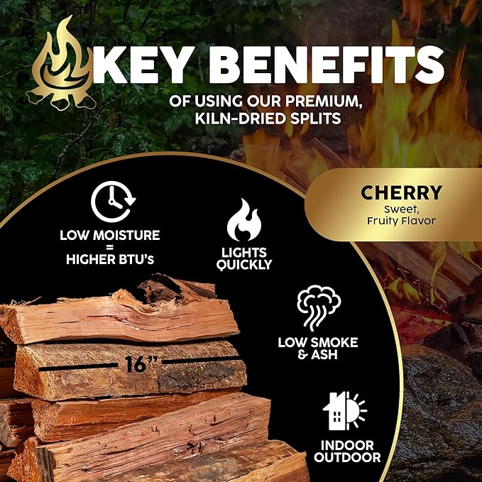 Kiln-Dried PA Cherry – 16” Splits (Approx. 38 lb) – Sweet Smoking Wood for Cooking, Grilling, Wood-Fired Ovens & Campfires – Easy Light, Low Smoke, USA-Sourced