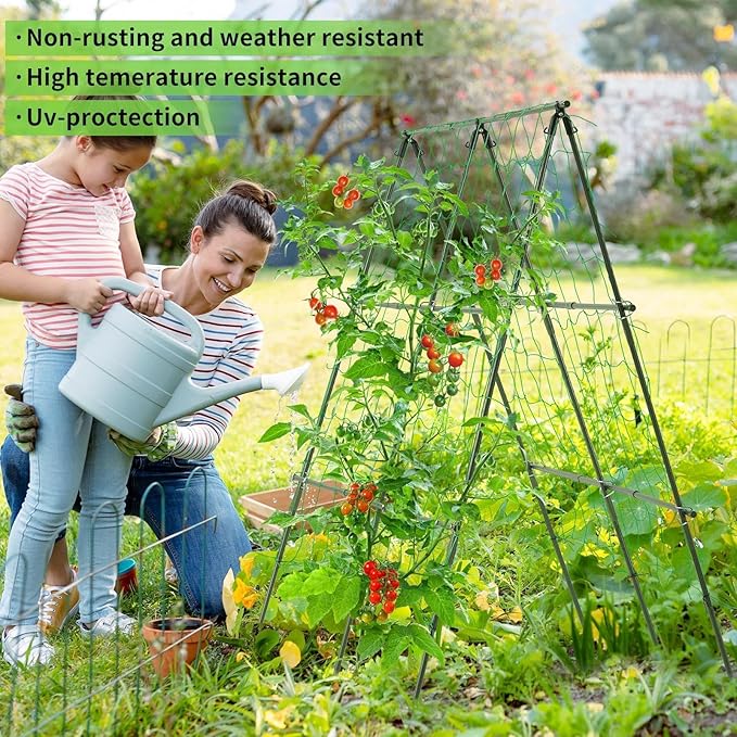 Lalahoni Cucumber Trellis, 4ft x 4ft Metal A-Frame Garden Trellis Climbing Plant Outdoor Support Fruit Grape Vine Vegetable Tomato Pea Bean Cucumber Trellis Raised Bed, with Netting, Green