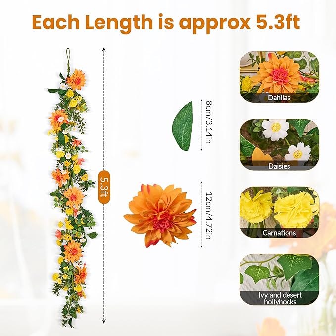 GENMOUS Artificial Dahlia Daisy Flower Garland Decor, 5.3Ft Spring/Summer Fall Garland Floral Garlands for Indoor Outdoor Home Wedding Arch Porch Stair Backdrop Year Round Decor (Yellow Orange)