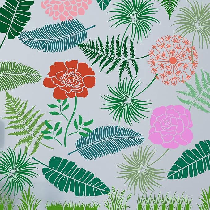 12PCS Large Flower Stencils for Painting on Wood 12 x 12 Inch Giant Wall Stencil with Brushes Large Pattern Floral Stencils Sunflower Paint Stencil for Walls Garden Fence Furniture Fabric