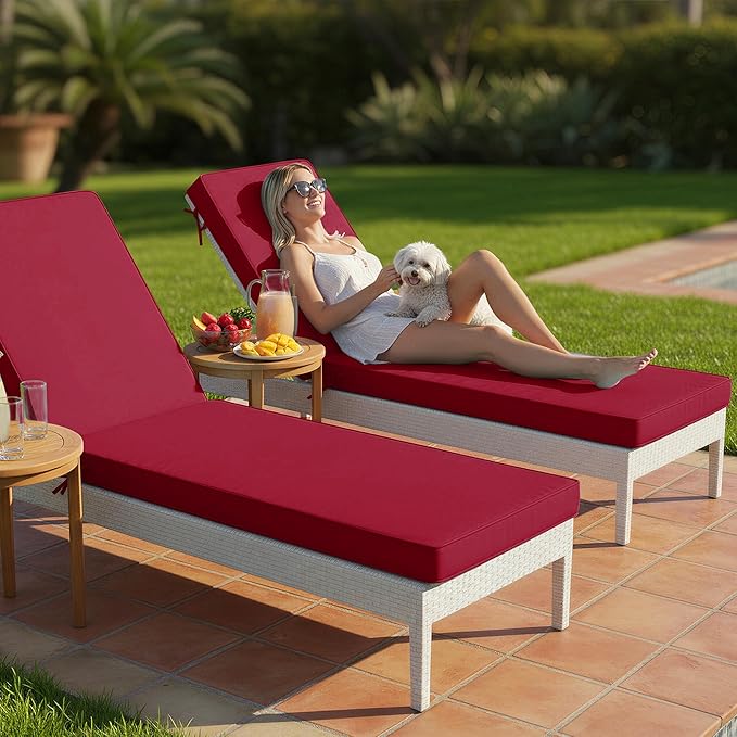 Chaise Lounge Cushions Outdoor Set of 2 - Waterproof and Fade Resistant Sun Lounger Replacement Cushions - Patio Lounger Pads with Removable Cover for Pool, Deck, Lawn, 72 x 21 x 3 Inch, Red