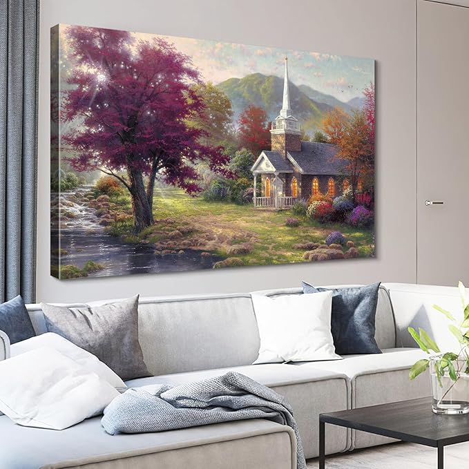STUDIO HAVEN Thomas Kinkade Canvas Wall Art, Stone Chapel Flowing Stream Colorful Trees and Morning Light Serene Oil Painting Poster Landscape Wall Decor, Framed Prints for Home Decor, 16x12Inch