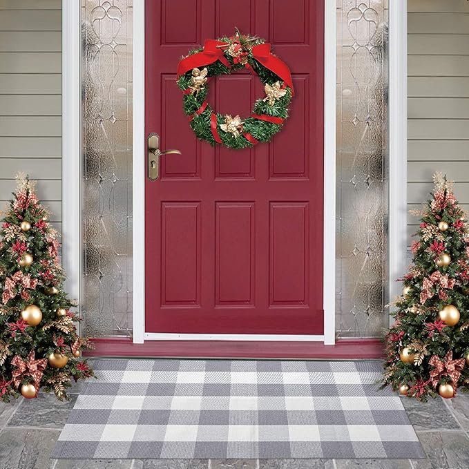MUBIN Cotton Buffalo Plaid Rug, 27.5 x 43 in Grey and White Outdoor Rug Front Door Decorative Mat, Hand-Woven Foldable Rug for Layered Door Mats Washable Carpet for Front Porch, Entryway, Farmhouse