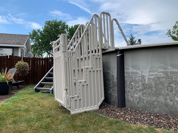 Confer Plastics Step Enclosure System: Above Ground Entry System, Dual Handrails, Slip-Resistant Steps, Supports 400 lbs, Easy Install – Made in USA, Warm Grey with Grey Step-1X Treads