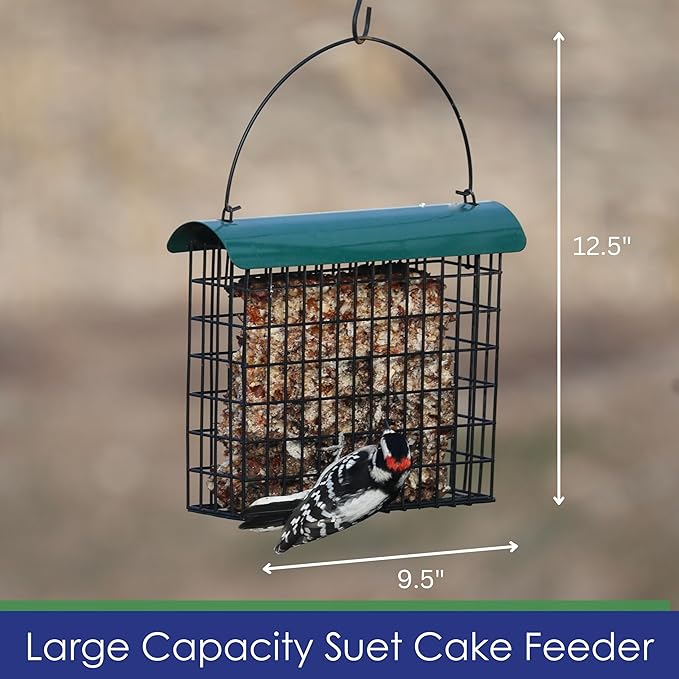 Backyard Essentials Large Suet Feeder - Metal Woodpecker Suet Cage with Metal Roof - Holds 1 Large Seed Cake