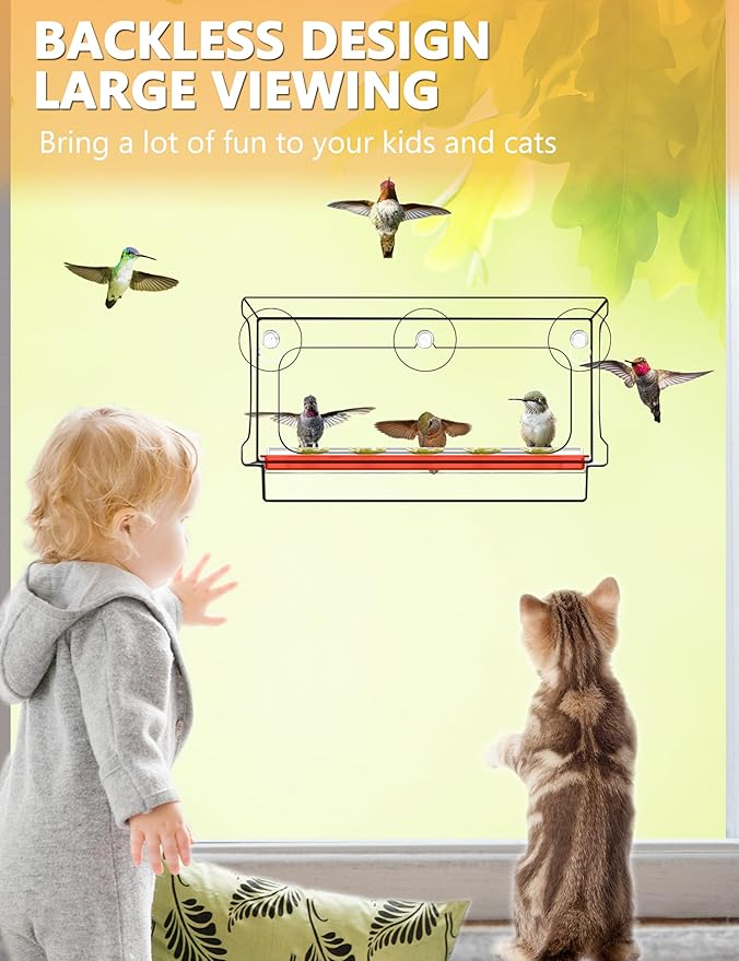 LUJII All One Piece Window Hummingbird Feeder with 5 Strongest Suction Cups, 20 fl.oz Hummer Feeder for Outside, Removable Lift-up Nectar Tray with 5 Feeding Ports, Gift for Bird Lover (Clear)