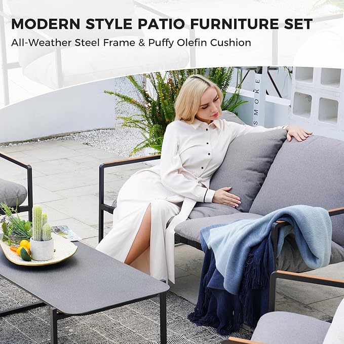 Grand Patio 4-Piece Modern Outdoor Furniture Set, Patio Sofa with Cushion, Metal Couch with Coffee Table, Conversation Set for Porch Deck Balcony Backyard Living Room