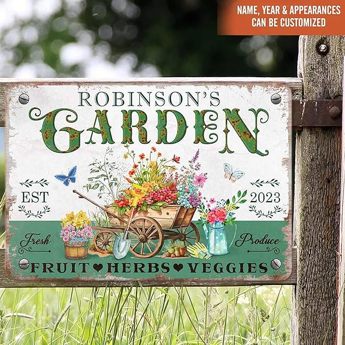 Custom Metal Signs with Name Made in USA Personalized Vintage Garden Sign Waterproof Vintage Decorative Metal Print for Wall Decor Customized Home Garden Ideas Gifts Artwork Prints for Yard Ourdoor