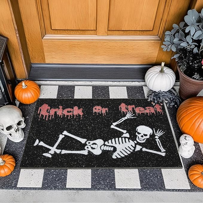 Skeleton Front Door Mat Indoor Outside Entrance, Heavy Duty Dirt Trapper Doormat with Non Slip Backing Entryway Mat for Front Back Door, 24'' x 36'', Skeleton Black