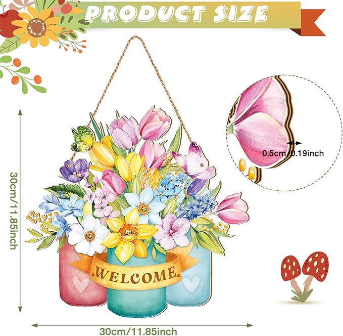 Juexica Spring Door Decor Flower Welcome Sign Spring Wall Hanger for Front Door Decorations Rustic Flower Wall Pediments for Party Outdoor Indoor Decor