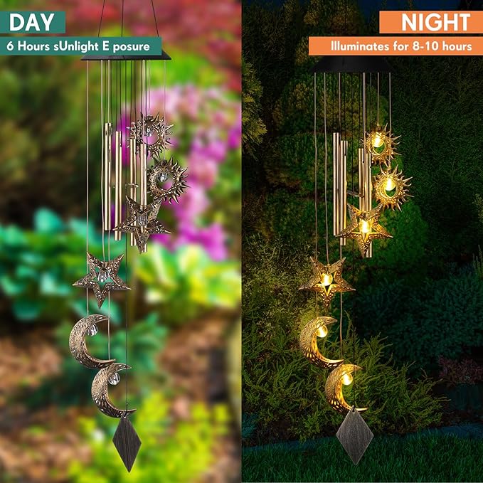 Solar Wind Chimes for Outside Waterproof Hanging Wind Chimes Lights Outdoor Decor Yard Garden Gifts for Mother Mom Grandma Wife Neighbors(Sun Moon Star,Warm Colored Lights)