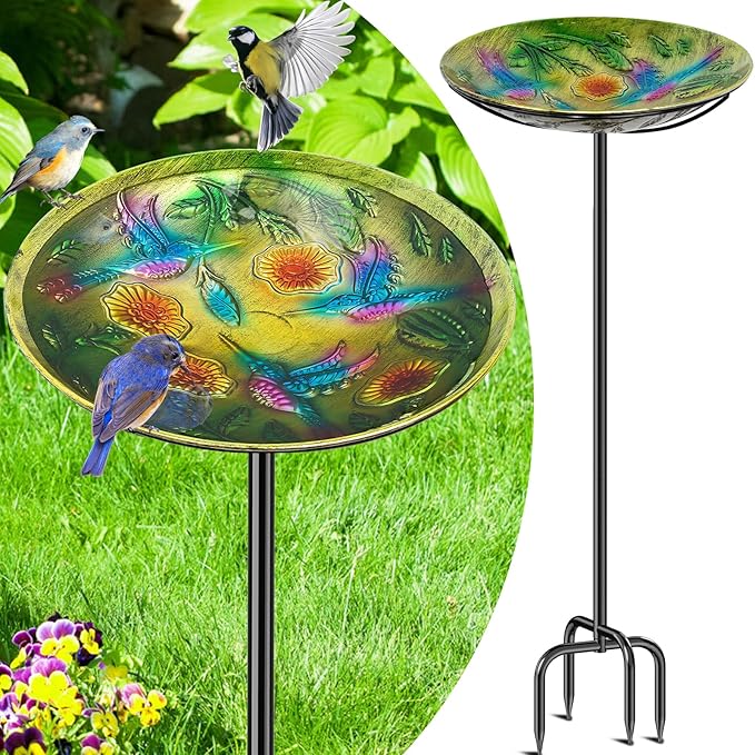 Metal Bird Bath for Outside, Vintage Freestanding Birdbaths & Birdfeeder, Bird Baths Feeder Bowl for Outdoors Garden Patio Yard Lawn Decor (Colorful Yellow)