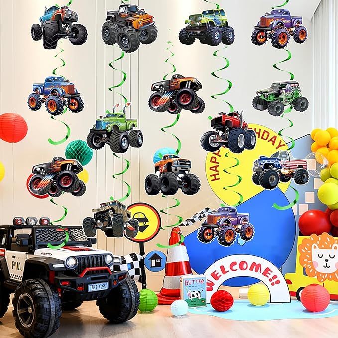 50 Pcs Monster Truck Birthday Hanging Decorations Monster Truck Birthday Party Hanging Decoration Racing Theme Party Supplies Decoration Suitable Decorations for Boys Girls Baby Children