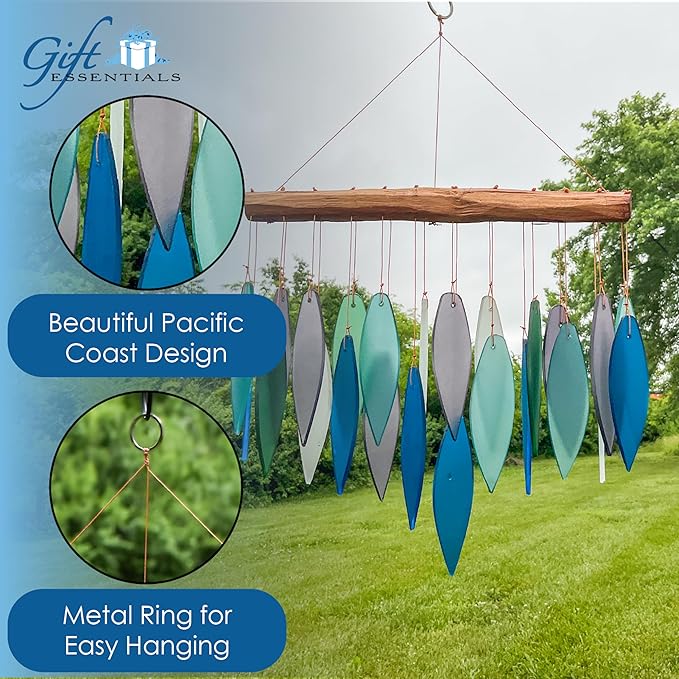 Blue Handworks Pacific Coast Glass Chime, Sandblasted Glass and Found Wood Handcrafted Wind Chime