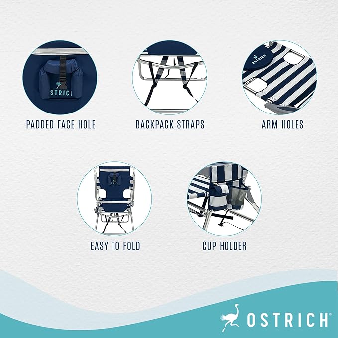 Ostrich Deltess 3N1 Portable Tanning Chair, Reclining Outdoor Lounger, and Cooler Bag, Lightweight and Adjustable, Striped Blue and White