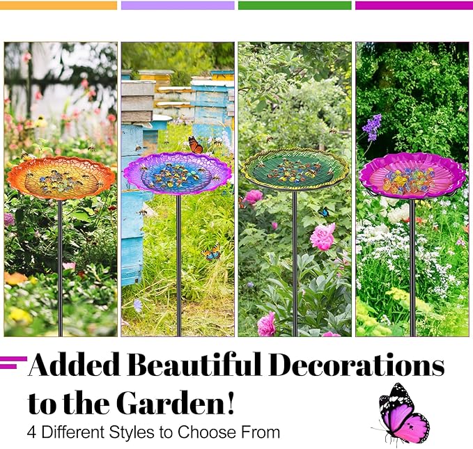 Bee Butterflies Watering Station, Standing Bee Feeder with Glass Marbles for Outside, Bee Bath Feeder with Metal Stakes Butterfly Puddler Garden Yard Déco (Rose)