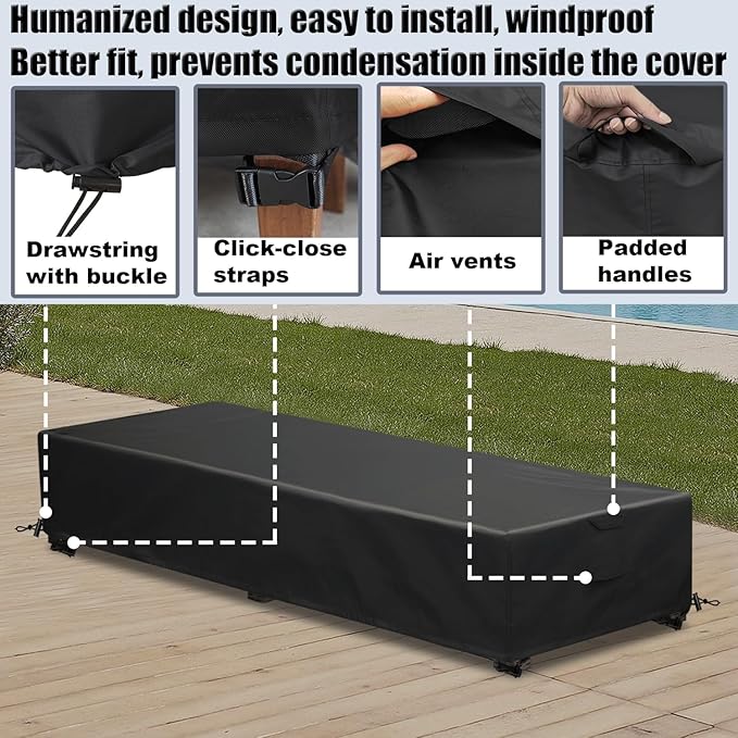 Waterproof Patio Lounge Chair Cover 2 Pack Outdoor Chaise Lounge Covers 600D Weather Resistant Material, UV Protection, Windproof Design Outside Furniture Covers 80" x 28" x 14" H,Black