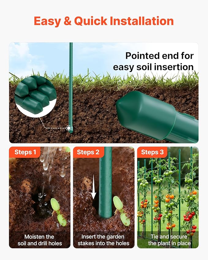 VEVOR Garden Stakes, 25 Pack, 70.87 inch, Plastic Coated Metal Tomato Stakes, Garden Sticks for Plants Support, with Pointed End and Non-Slip Bumps for Growing Climbing Plants, Outdoor Vegetables