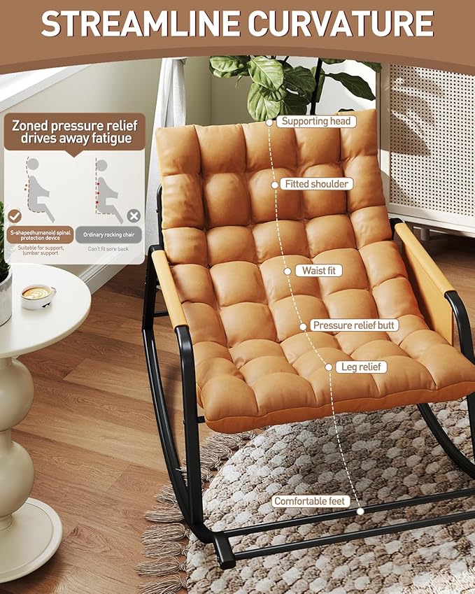 Oversized Indoor Rocking Chair, Plush Papasan Chair with Comfy Padded Cushions & Side Pocket, for Patio Garden, Porch, Lounge, Outdoor, Orange