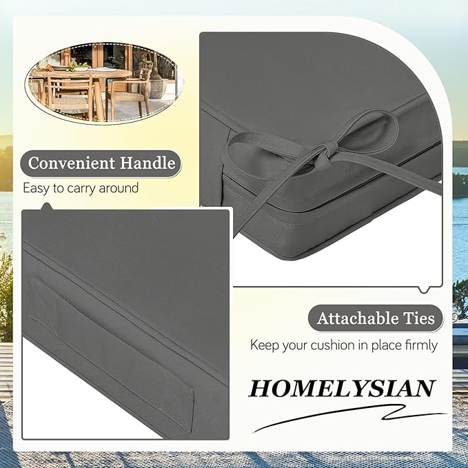 Waterproof Outdoor Chair Cushions Set of 2, Square Outdoor Seat Cushions with Ties and Removable Covers, 22 x 22 Outdoor Cushions for Patio Furniture with Portable Handle(Grey)