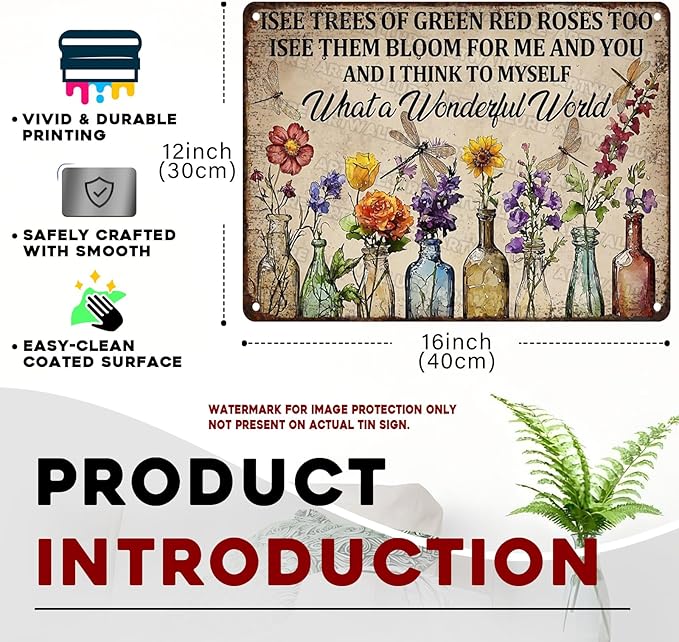 Dragonfly Vintage Tin Sign What A Wonderful World Flowers Gardens Metal Tin Sign Wall Decor I See Trees of Green Red Rose Too 12x16inch