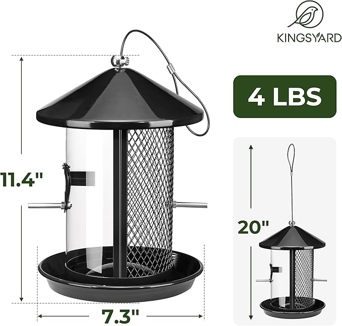 Kingsyard Metal Bird Feeder for Outdoor Hanging - Chew Proof Wild Bird Finch Cardinal Feeder with Dual Chamber of 4 lbs Capacity for Bluebird, Black
